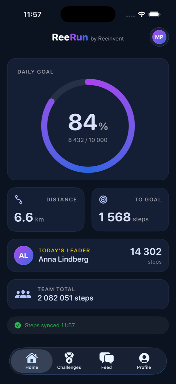 ReeRun dashboard with daily step goal