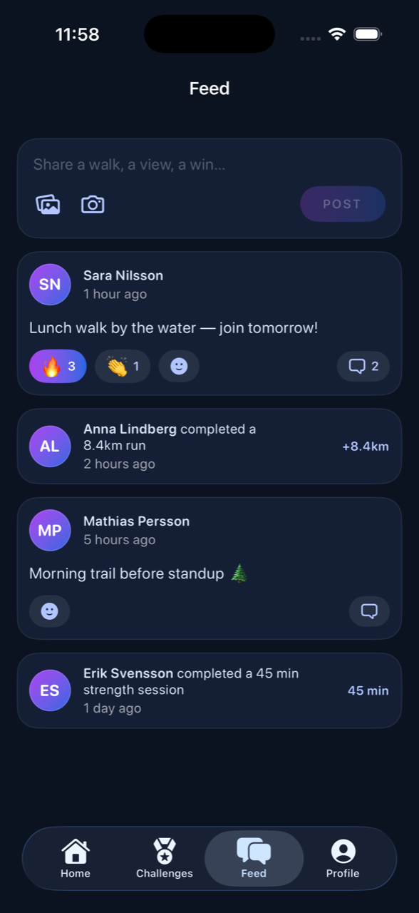 ReeRun social feed of team activities